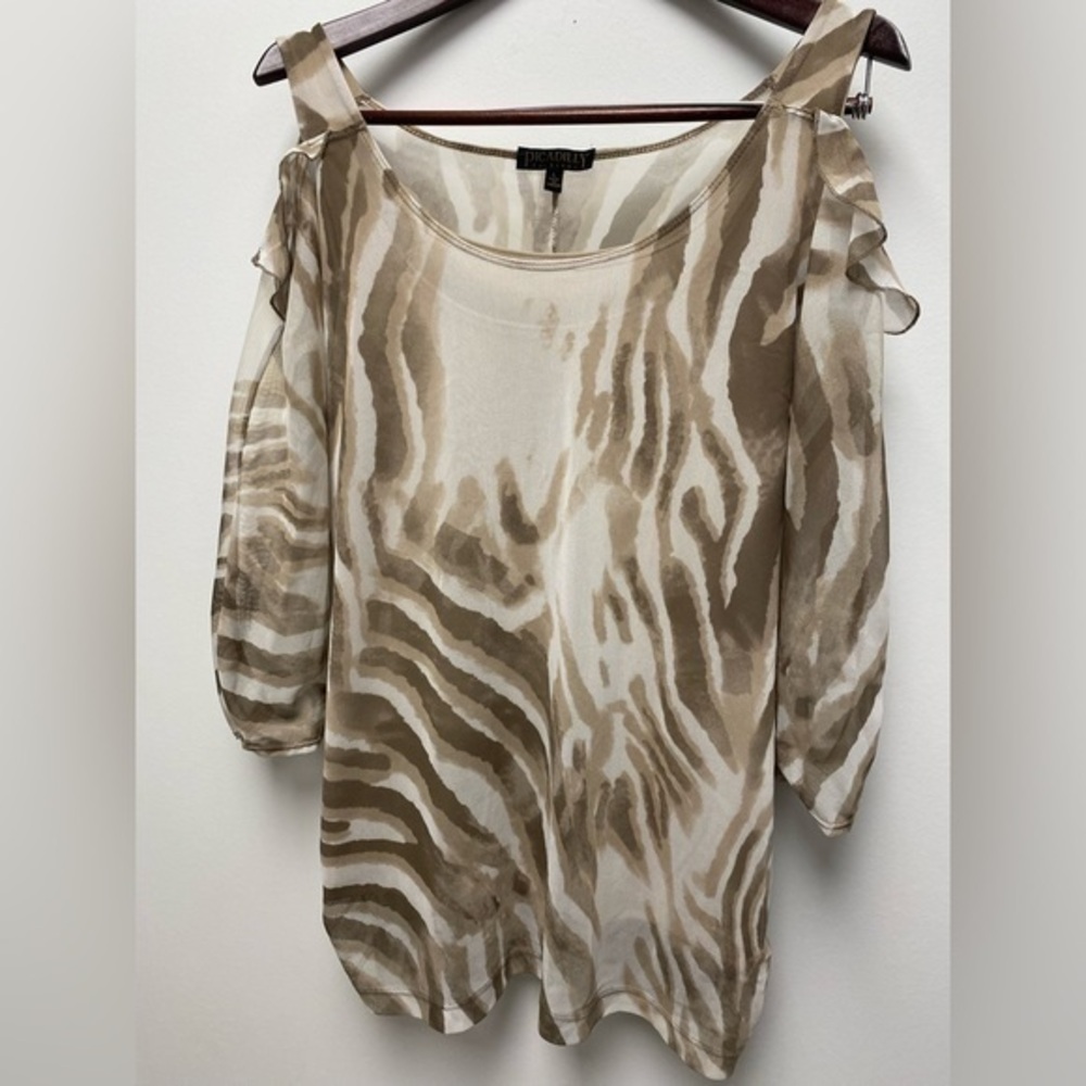 Picadilly Fashion Tan / Egg Shell Color Sheer Cold Shoulder Top Size L